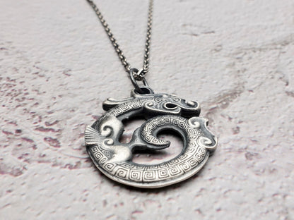 Oxidized Sterling Silver Dragon Mens Necklace, Double Sided Pendant