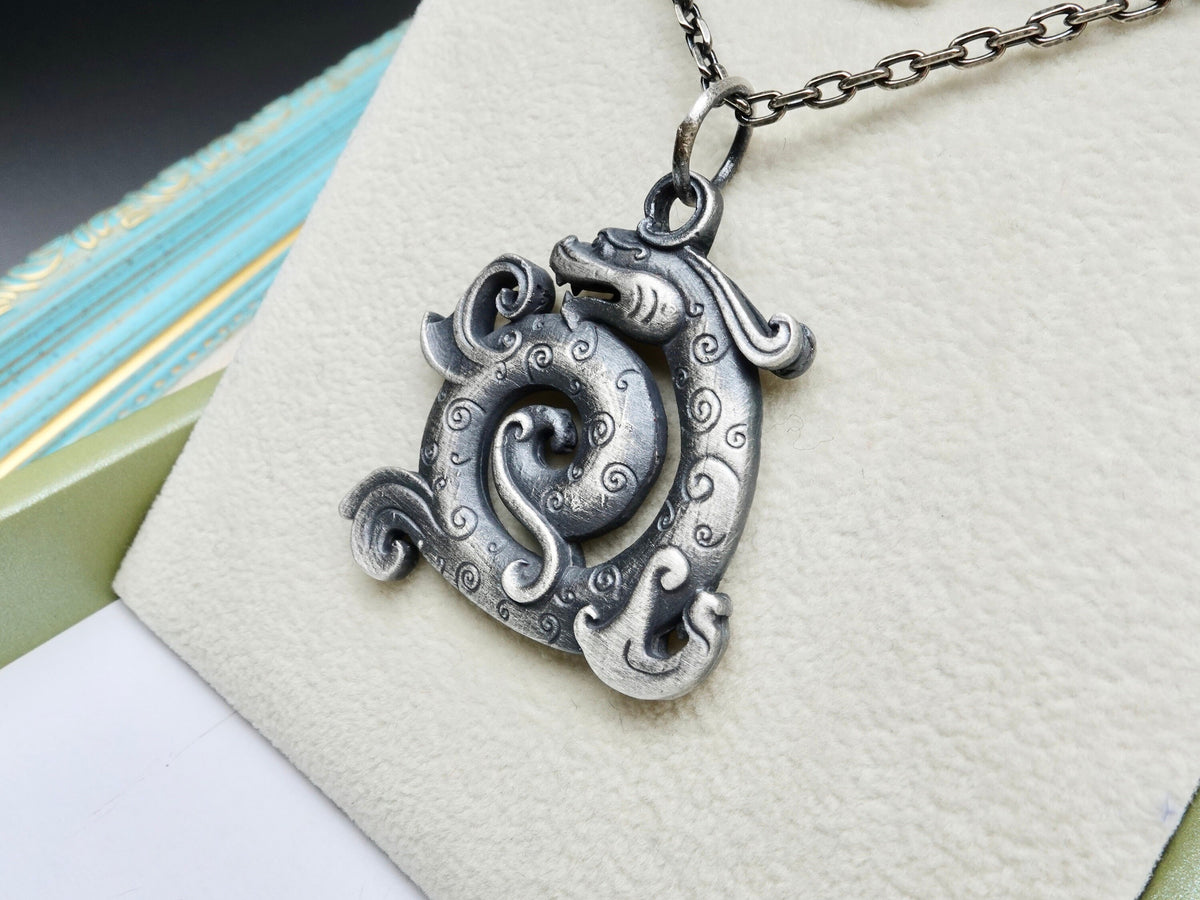 Oxidized Sterling Silver Dragon Pendant Necklace: Rustic Viking Style