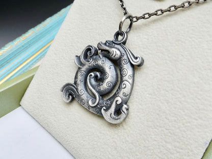 Oxidized Sterling Silver Dragon Pendant Necklace: Rustic Viking Style