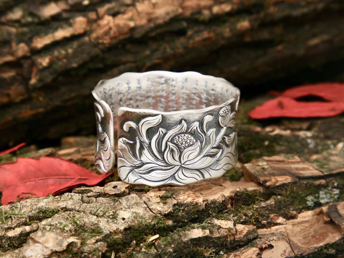 Sterling Silver Cuff Bracelet, Lotus Meditation Fine Jewelry Women Men, Mindfulness Wide Bangle, Protect Spiritual Gift for Her Him Mom Wife