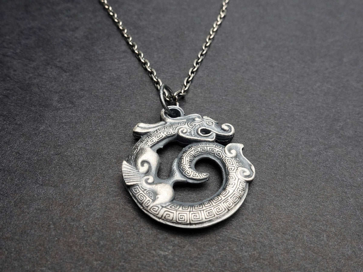 Oxidized Sterling Silver Dragon Mens Necklace, Double Sided Pendant