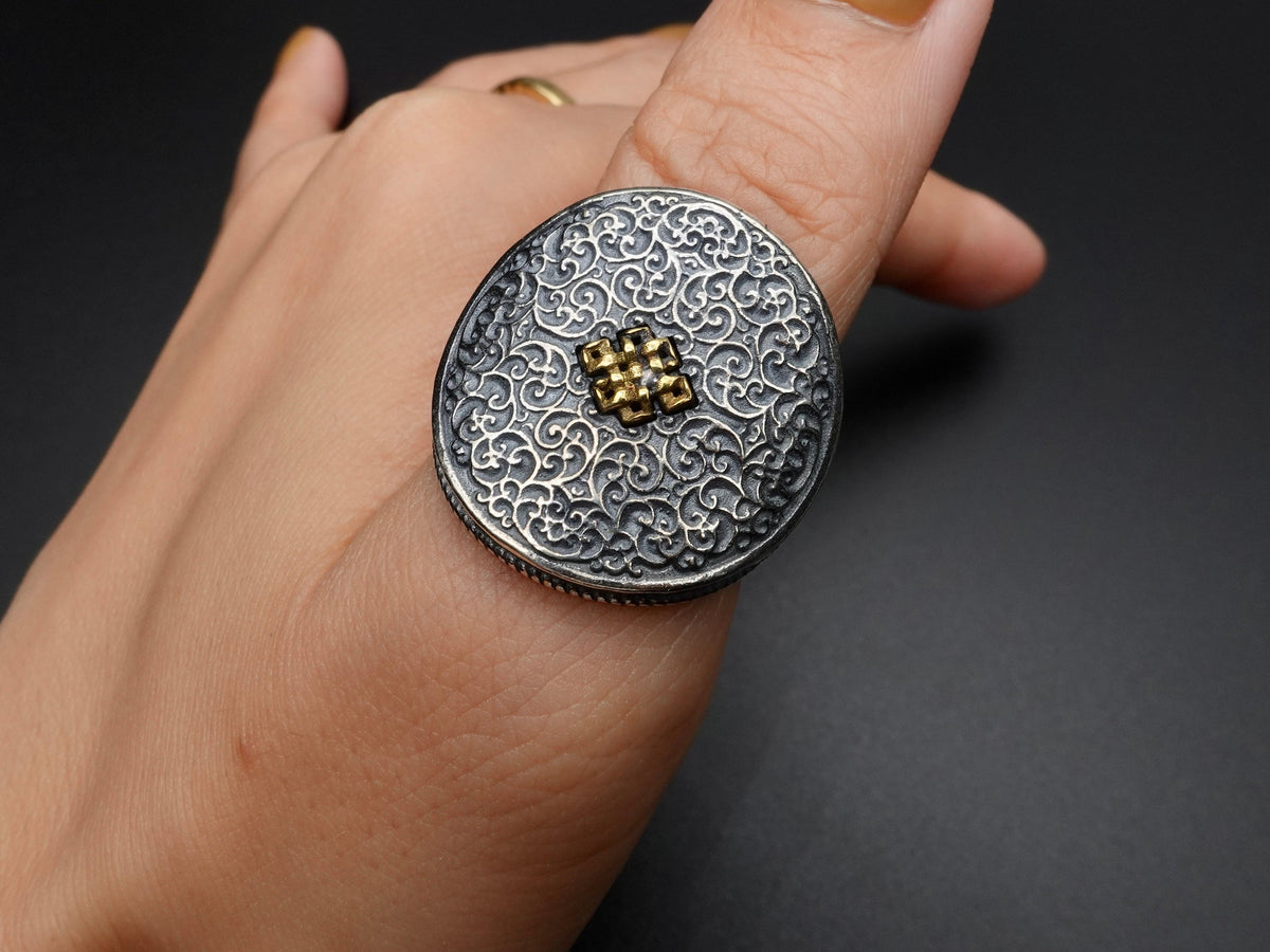 Chunky Sterling Silver Lucky Cloud Ring: Gold Knot Tibetan Jewelry