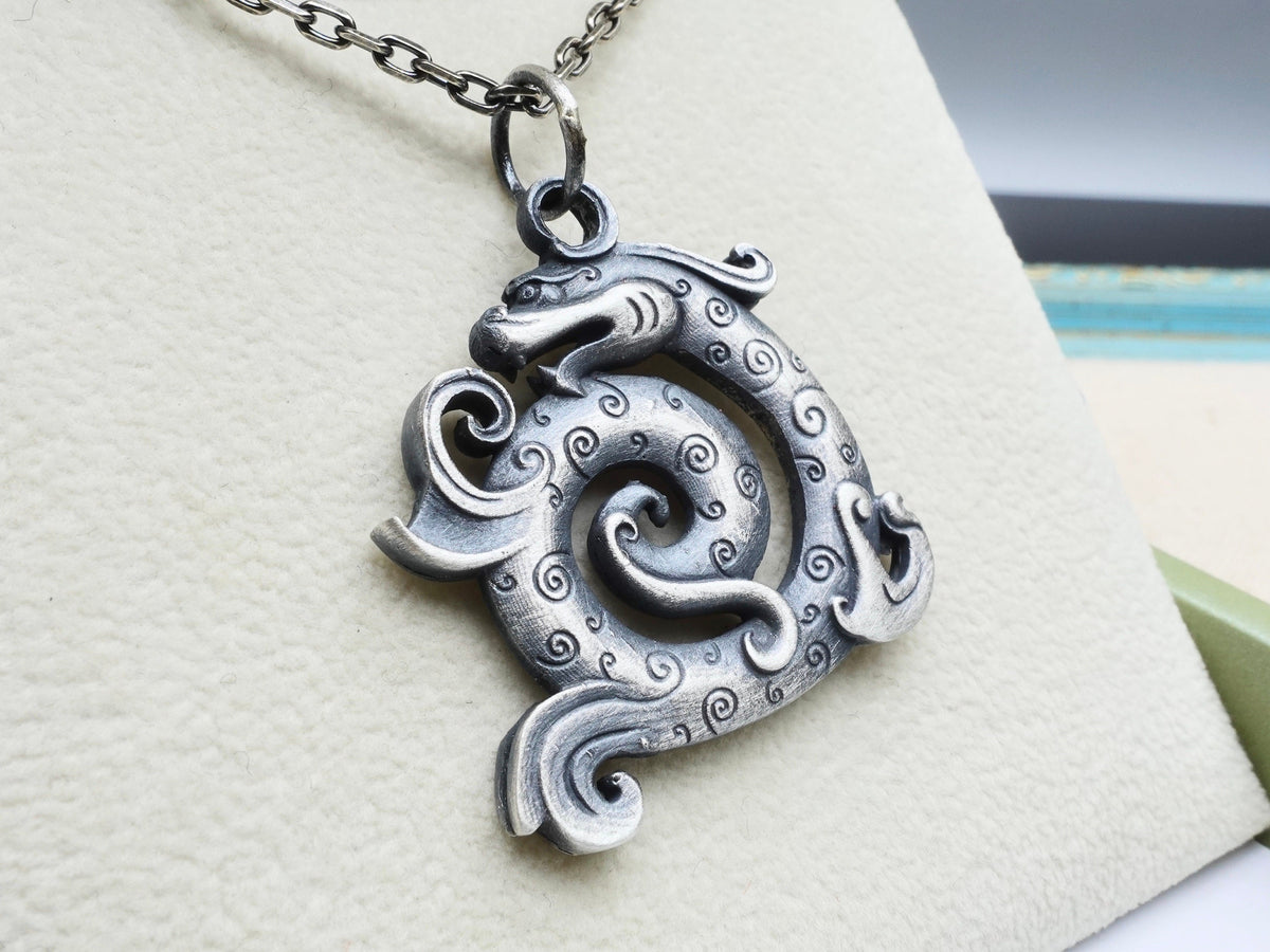 Oxidized Sterling Silver Dragon Pendant Necklace: Rustic Viking Style