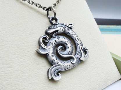 Oxidized Sterling Silver Dragon Pendant Necklace: Rustic Viking Style