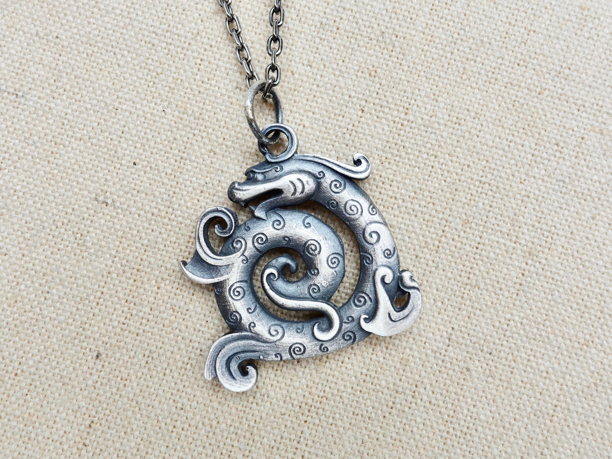 Oxidized Sterling Silver Dragon Pendant Necklace: Rustic Viking Style