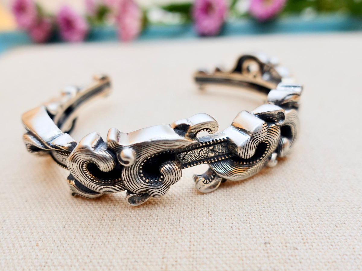 Sterling Silver Ocean Cuff Bracelet, Sea Inspired Statement Jewelry Wave Surf Lover Gifts