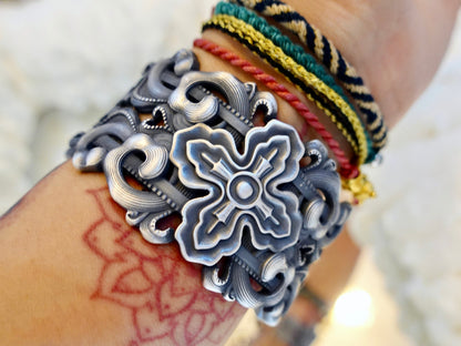Sterling Silver Wide Cuff Bracelet: Tibetan Vajra Bangle, Adjustable