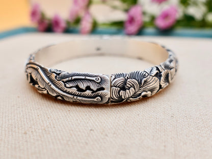 Sterling Silver Phoenix Cuff Bracelet, Peony Floral Bangle, Rebirth Jewelry