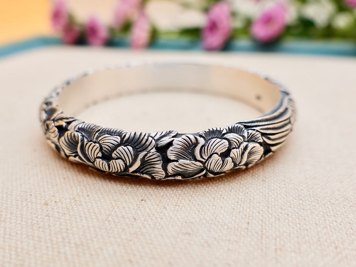 Sterling Silver Phoenix Cuff Bracelet, Peony Floral Bangle, Rebirth Jewelry