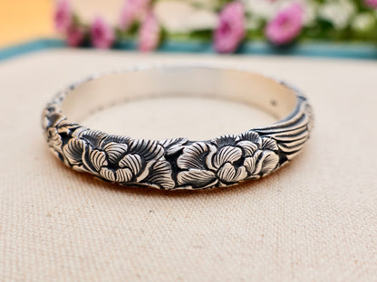 Sterling Silver Phoenix Cuff Bracelet, Peony Floral Bangle, Rebirth Jewelry