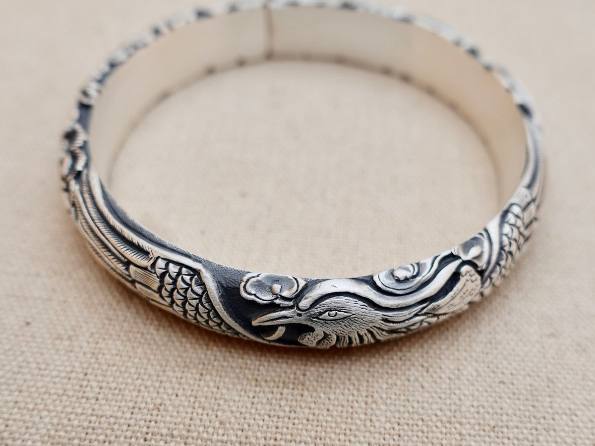 Sterling Silver Phoenix Cuff Bracelet, Peony Floral Bangle, Rebirth Jewelry