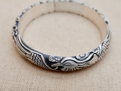 Sterling Silver Phoenix Cuff Bracelet, Peony Floral Bangle, Rebirth Jewelry