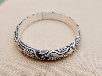 Sterling Silver Phoenix Cuff Bracelet, Peony Floral Bangle, Rebirth Jewelry