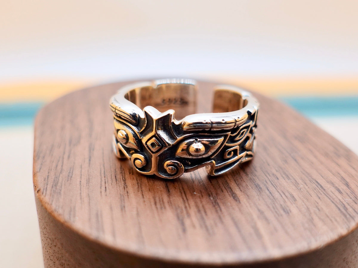 Sterling Silver Taotie Ring, Mythical Creature Band, Adjustable Size