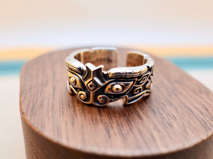 Sterling Silver Taotie Ring, Mythical Creature Band, Adjustable Size