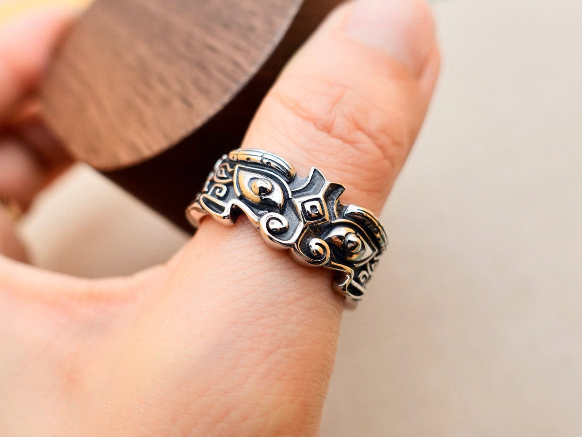 Sterling Silver Taotie Ring, Mythical Creature Band, Adjustable Size