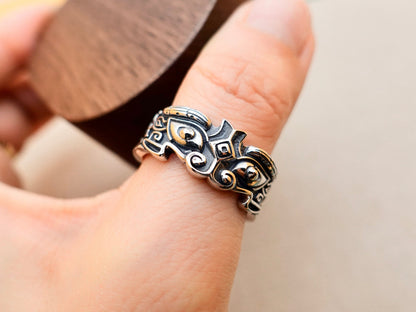 Sterling Silver Taotie Ring, Mythical Creature Band, Adjustable Size
