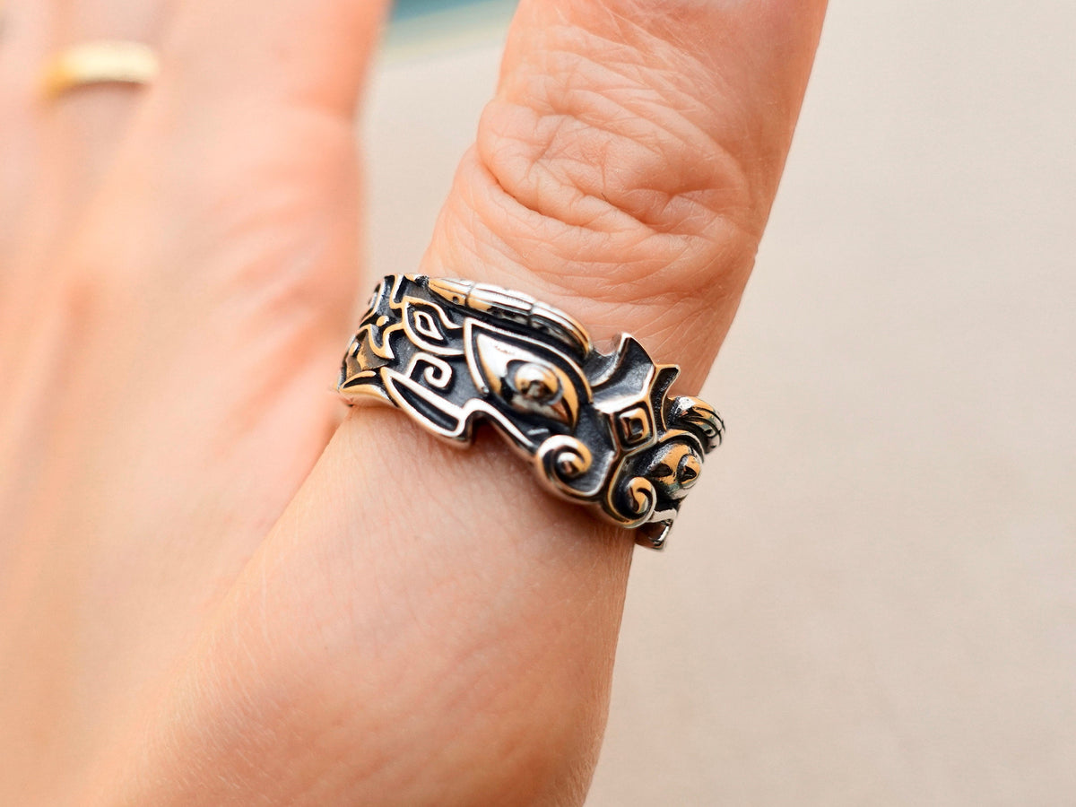Sterling Silver Taotie Ring, Mythical Creature Band, Adjustable Size