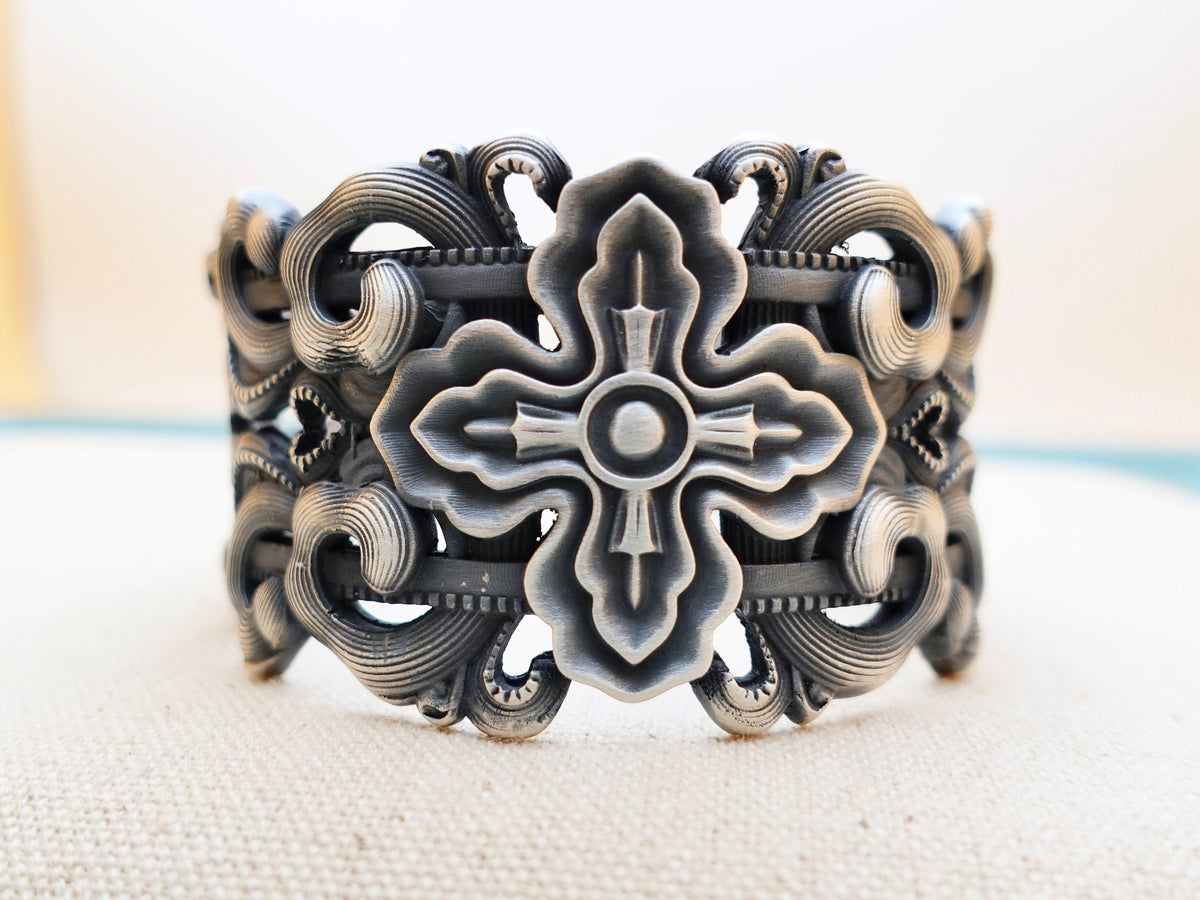Sterling Silver Wide Cuff Bracelet: Tibetan Vajra Bangle, Adjustable