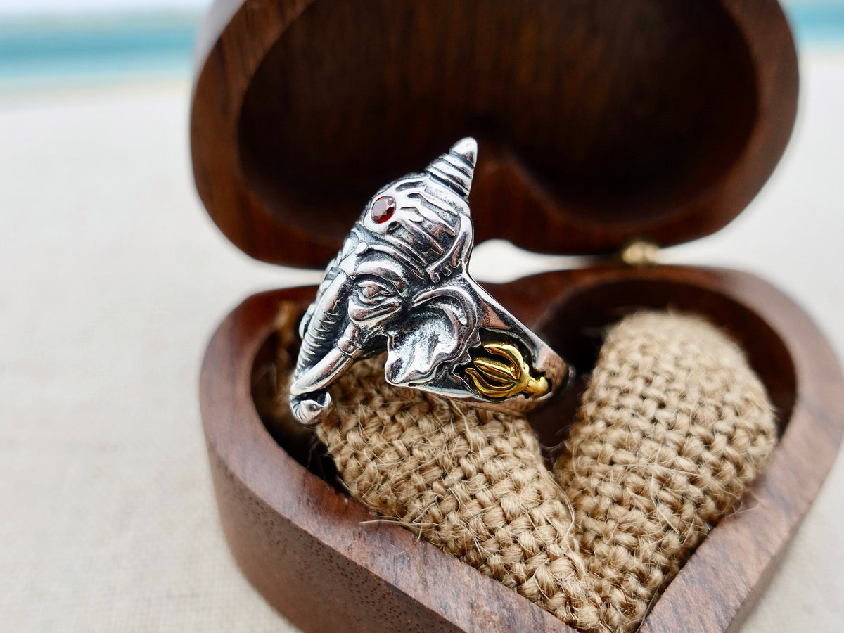 Sterling Silver Ganesha Ring: Adjustable Hindu Elephant Ring