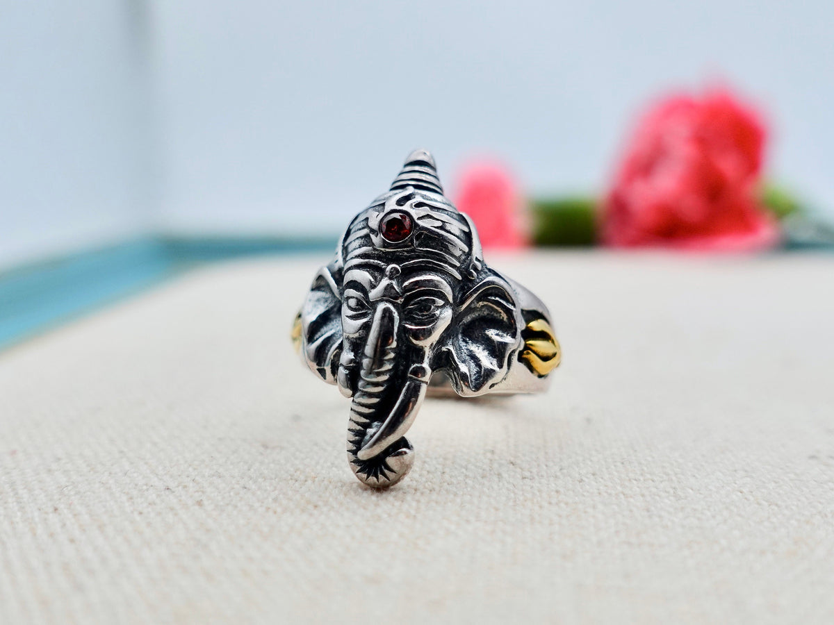 Sterling Silver Ganesha Ring: Adjustable Hindu Elephant Ring