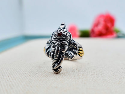Sterling Silver Ganesha Ring: Adjustable Hindu Elephant Ring