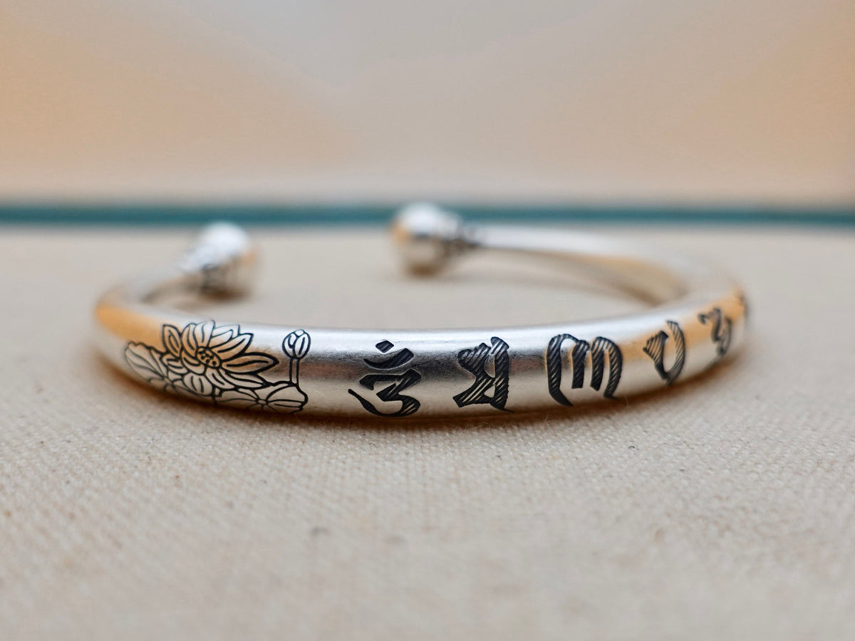 Sterling Silver Protection Bracelet, Mantra Meditation Mens Cuff , Buddhist Gift for Him Her