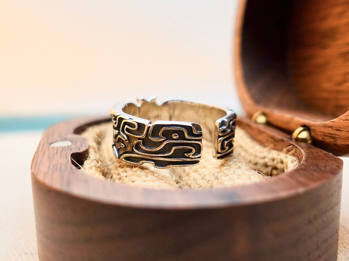 Sterling Silver Taotie Ring, Mythical Creature Band, Adjustable Size