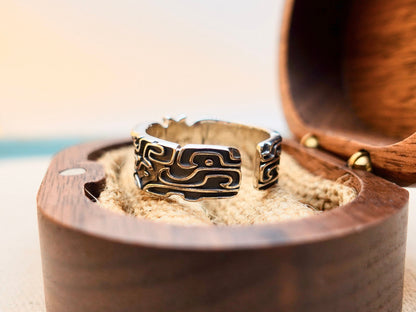 Sterling Silver Taotie Ring, Mythical Creature Band, Adjustable Size