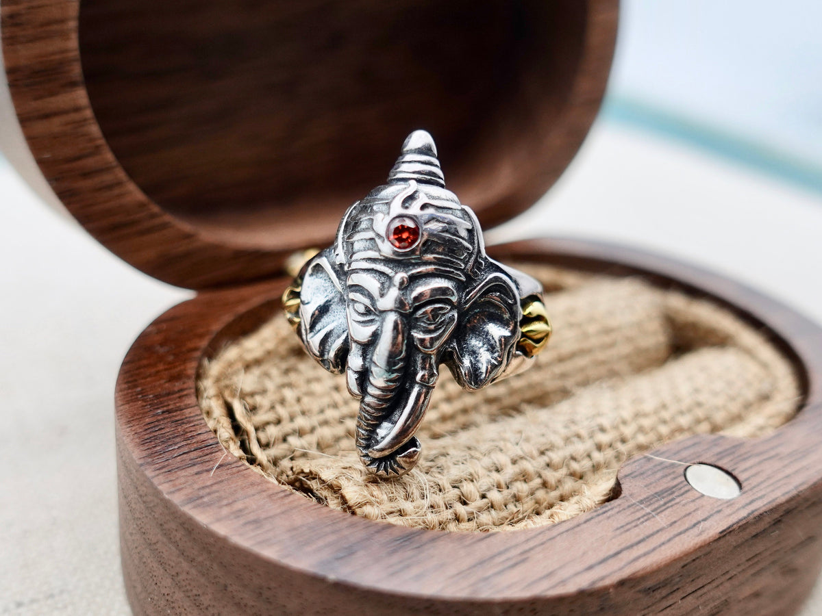Sterling Silver Ganesha Ring: Adjustable Hindu Elephant Ring