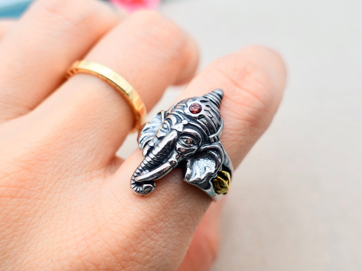 Sterling Silver Ganesha Ring: Adjustable Hindu Elephant Ring