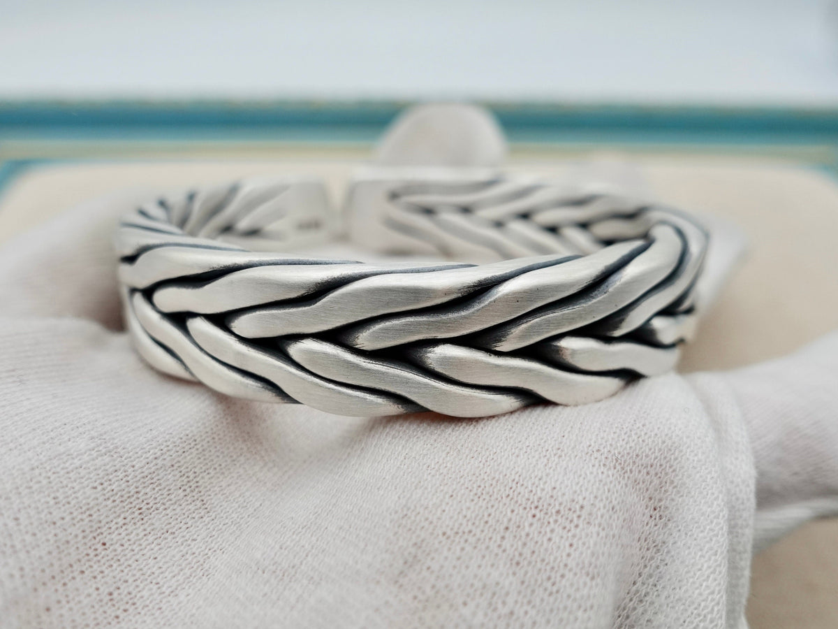 Sterling Silver Chunky Mens Cuff Bracelet, Knitting Silver Artisan Bangle, Gift for Him