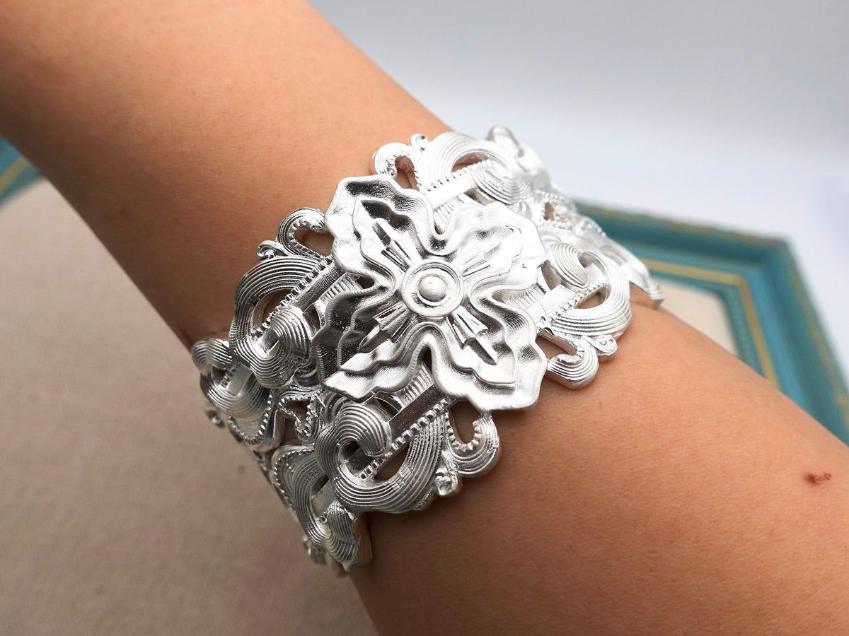 Sterling Silver Wide Cuff Bracelet: Tibetan Vajra Protection Bangle