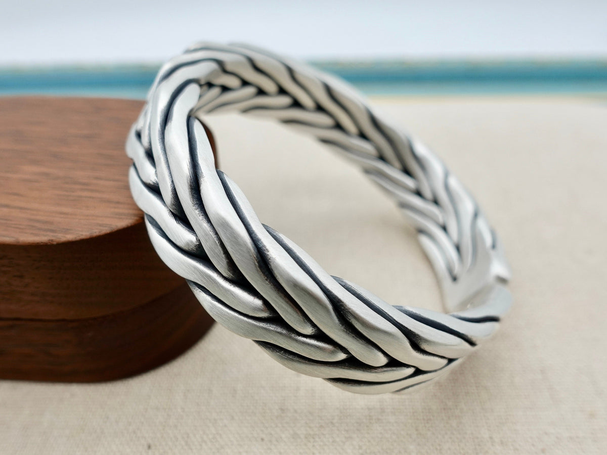 Sterling Silver Chunky Mens Cuff Bracelet, Knitting Silver Artisan Bangle, Gift for Him