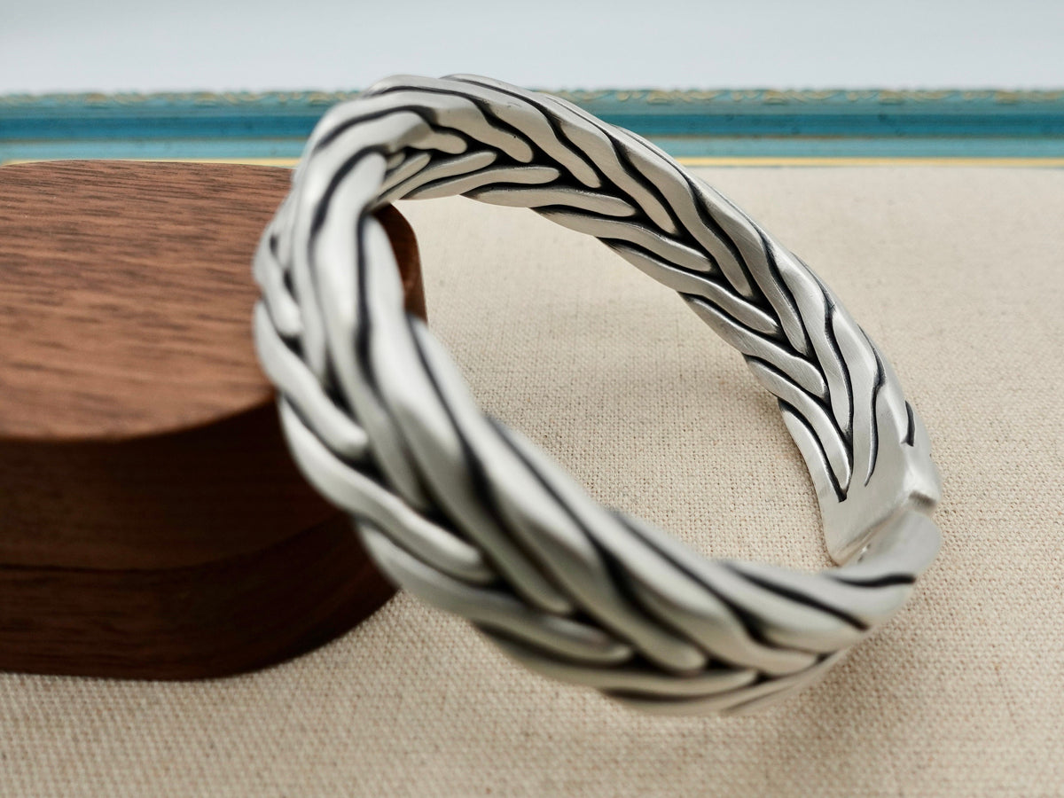 Sterling Silver Chunky Mens Cuff Bracelet, Knitting Silver Artisan Bangle, Gift for Him