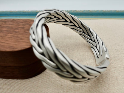 Sterling Silver Chunky Mens Cuff Bracelet, Knitting Silver Artisan Bangle, Gift for Him