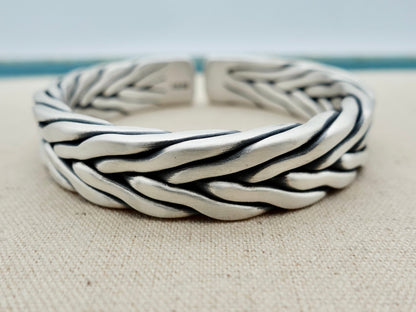 Sterling Silver Chunky Mens Cuff Bracelet, Knitting Silver Artisan Bangle, Gift for Him