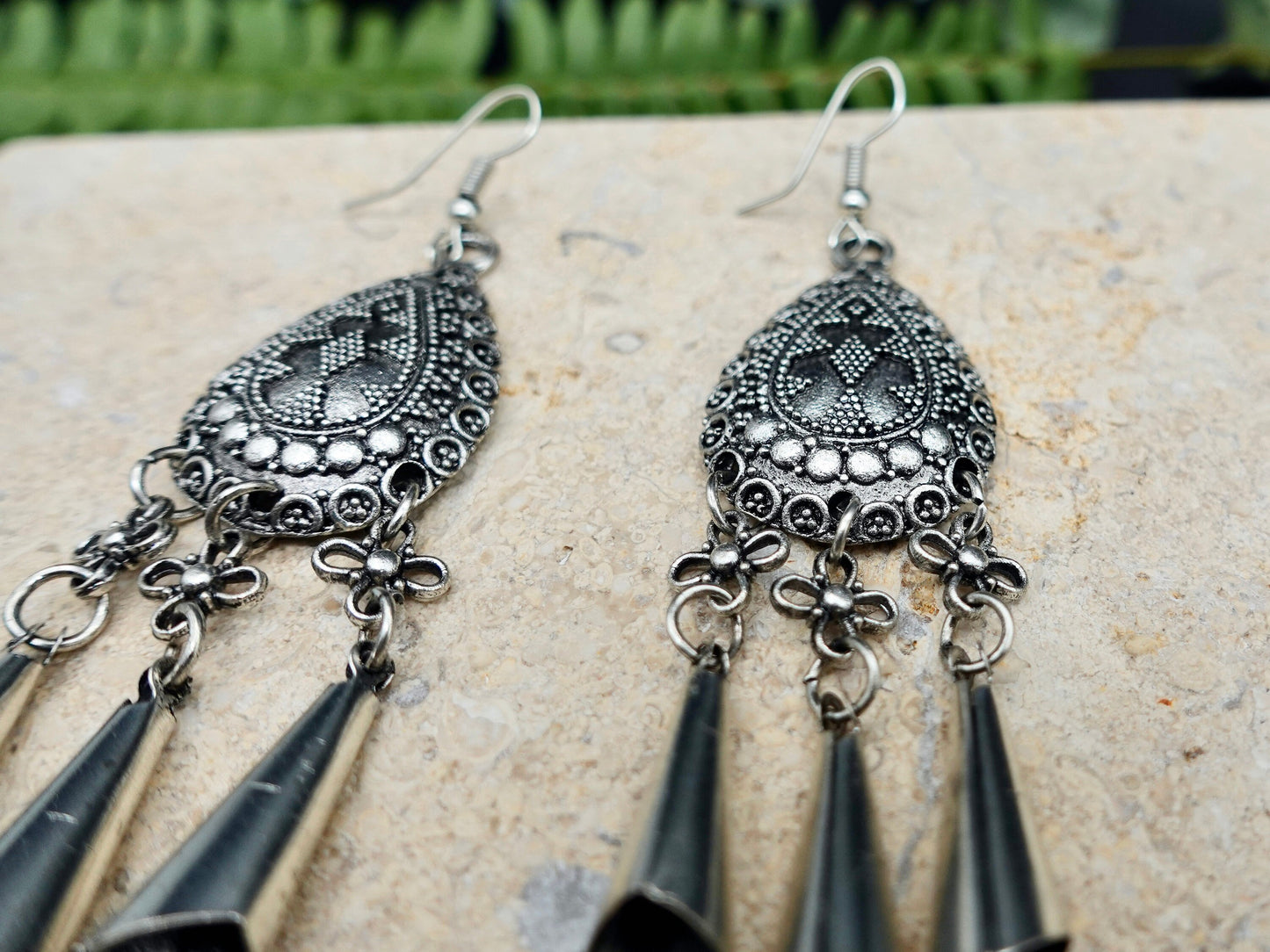 Silver Bali Earrings, Bohemian Earrings, Tribal Earrings, Dangle Earrings, Fringe Earrings, Ethnic Jewelry - TibiCollection