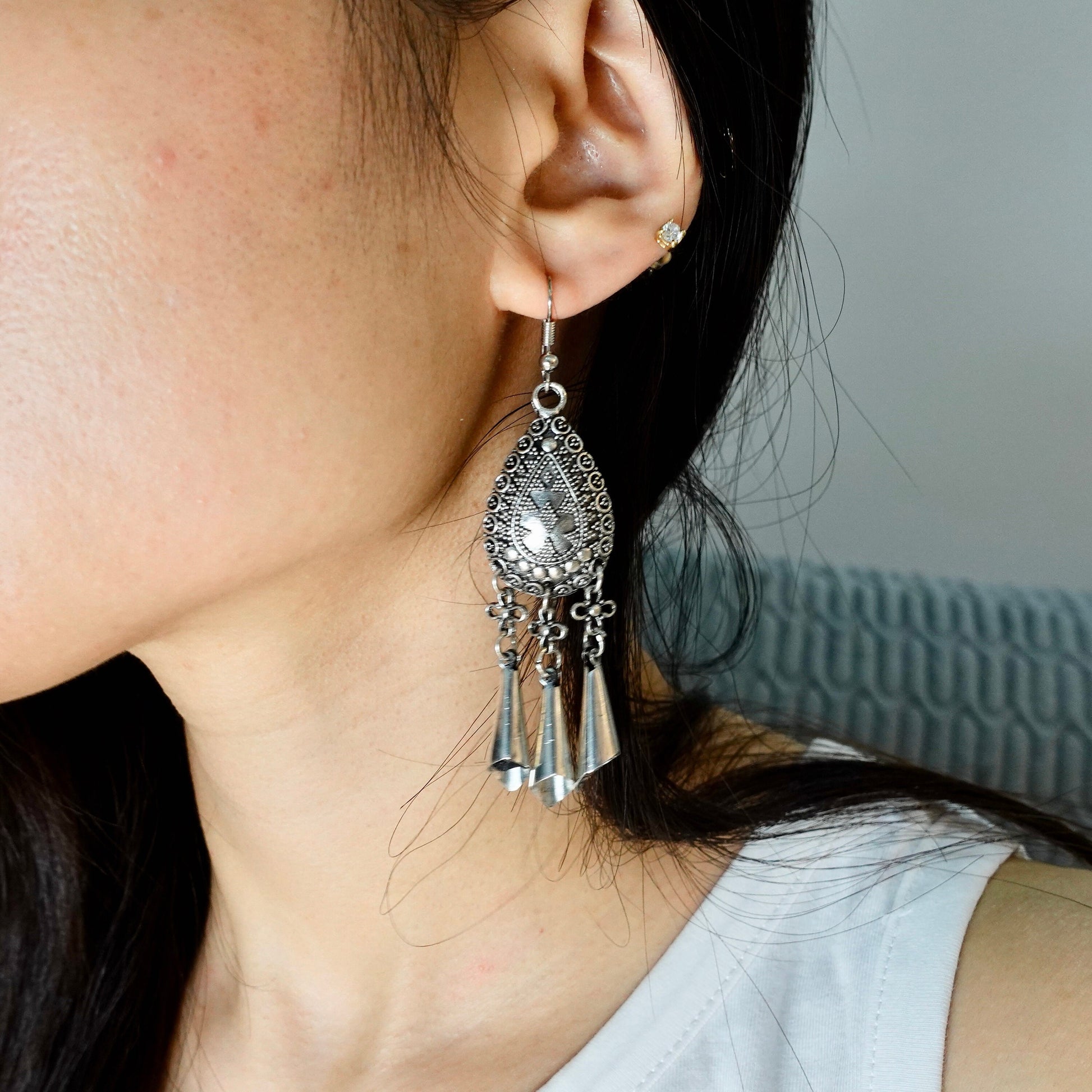 Silver Bali Earrings, Bohemian Earrings, Tribal Earrings, Dangle Earrings, Fringe Earrings, Ethnic Jewelry - TibiCollection