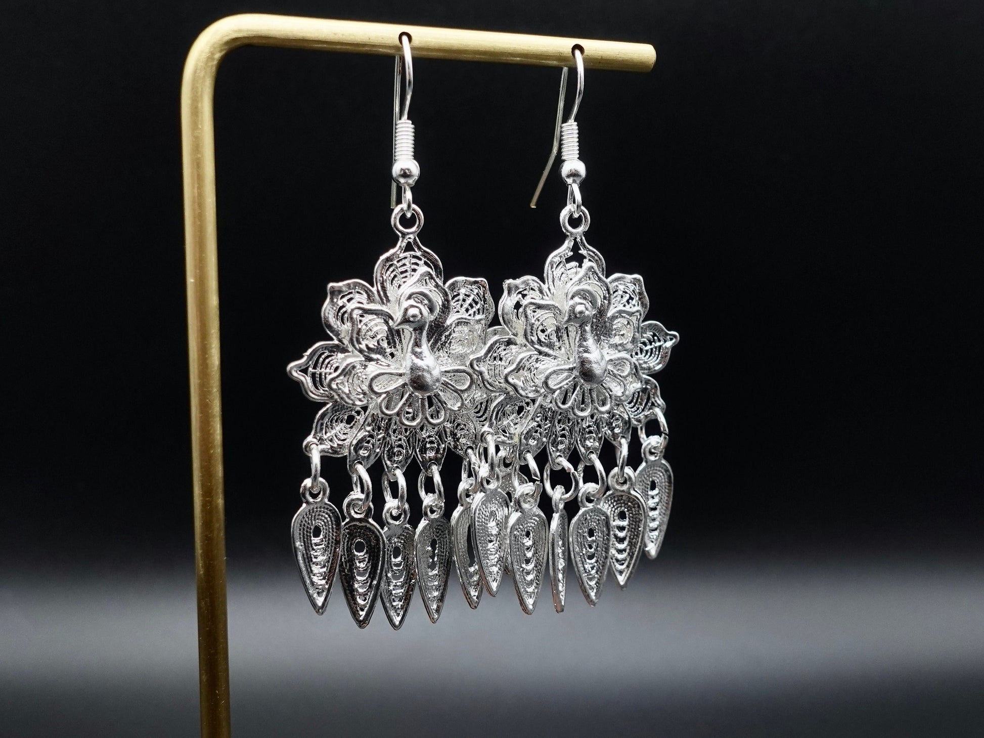 Silver Peacock Earring, Ethnic Earrings , Boho Dangle Earrings, Fringe Earrings, Artisan Chandelier Earrings - TibiCollection