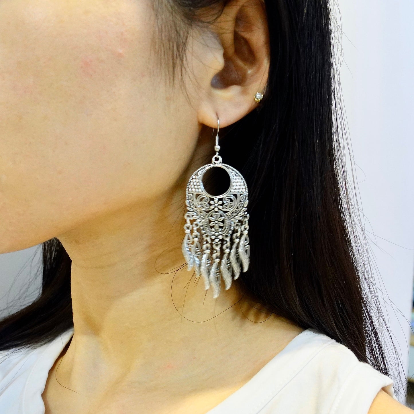 Silver Mandala Earrings, Chandelier Earrings, Boho Chic Earrings, Dangle Earrings, Fringe Earrings, Ethnic Jewelry - TibiCollection