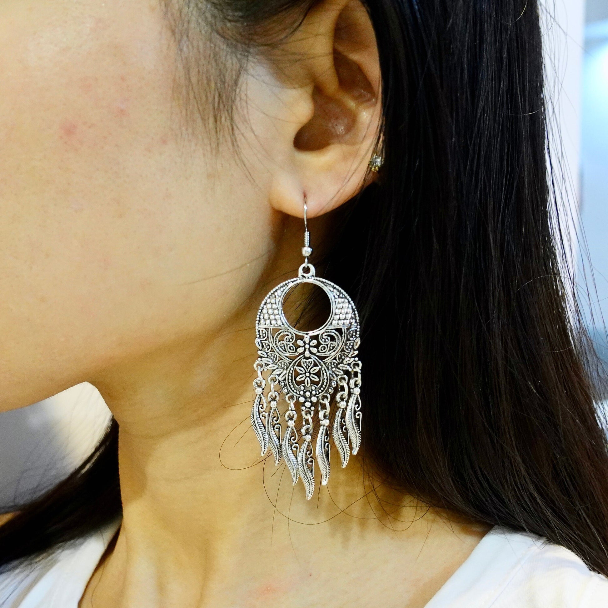 Silver Mandala Earrings, Chandelier Earrings, Boho Chic Earrings, Dangle Earrings, Fringe Earrings, Ethnic Jewelry - TibiCollection