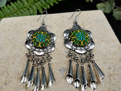 Silver Ethnic Earrings, Bali Earrings, Bohemian Earrings, Tribal Earrings, Dangle Earrings, Fringe Earrings - TibiCollection