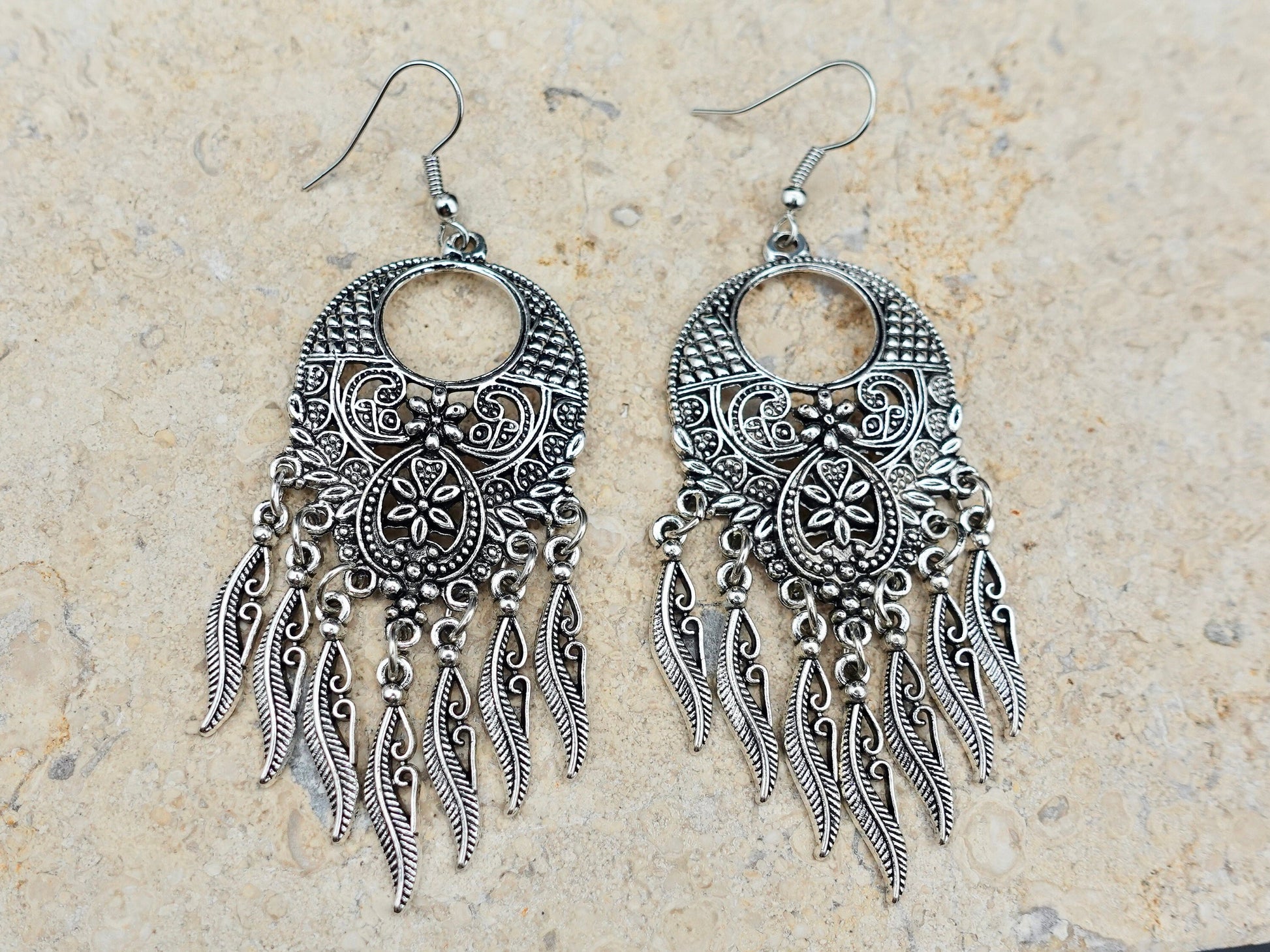 Silver Mandala Earrings, Chandelier Earrings, Boho Chic Earrings, Dangle Earrings, Fringe Earrings, Ethnic Jewelry - TibiCollection