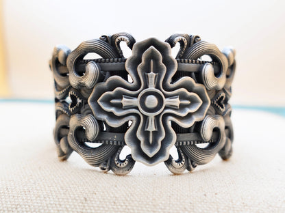 Sterling Silver Wide Cuff Bracelet: Tibetan Vajra Protection Bangle