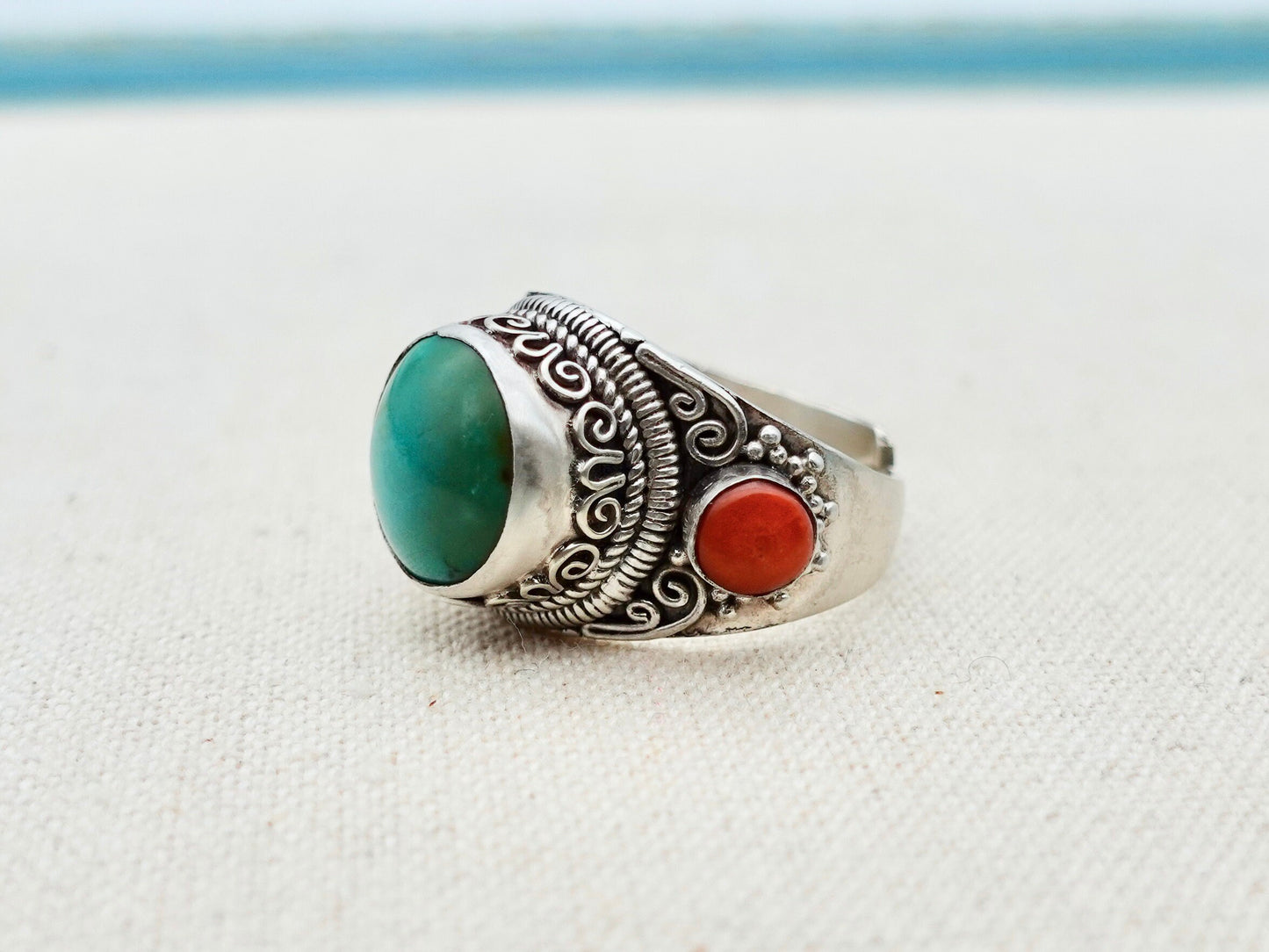 Sterling Silver Turquoise Coral Ring, Statement Ring, Adjust Tibetan Ring Teal Blue Green Turquoise Antique Ring