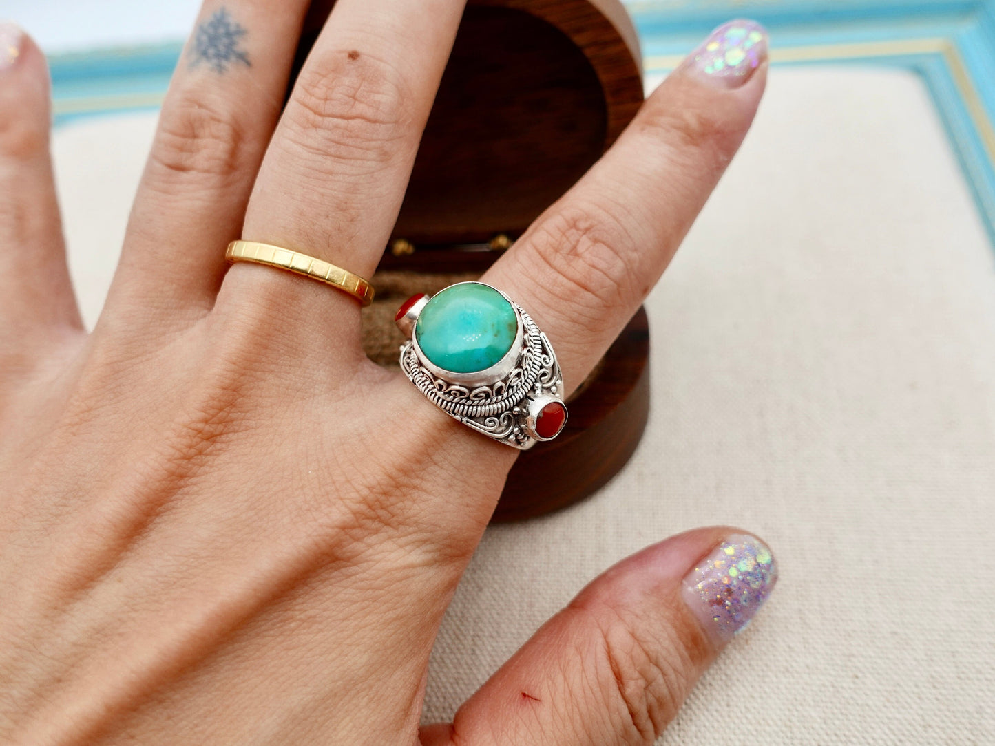 Sterling Silver Turquoise Coral Ring, Statement Ring, Adjust Tibetan Ring Teal Blue Green Turquoise Antique Ring