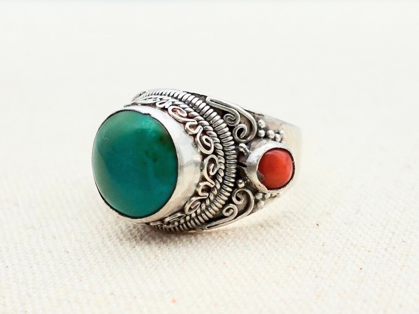 Sterling Silver Turquoise Coral Ring, Statement Ring, Adjust Tibetan Ring Teal Blue Green Turquoise Antique Ring