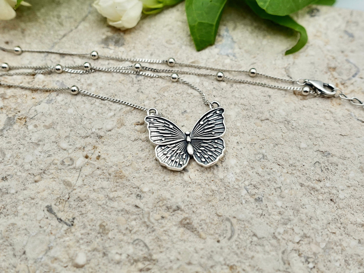 Sterling Silver Butterfly Pendant Necklace, Boho Antique Jewelry
