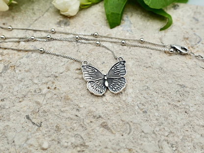 Sterling Silver Butterfly Pendant Necklace, Boho Antique Jewelry